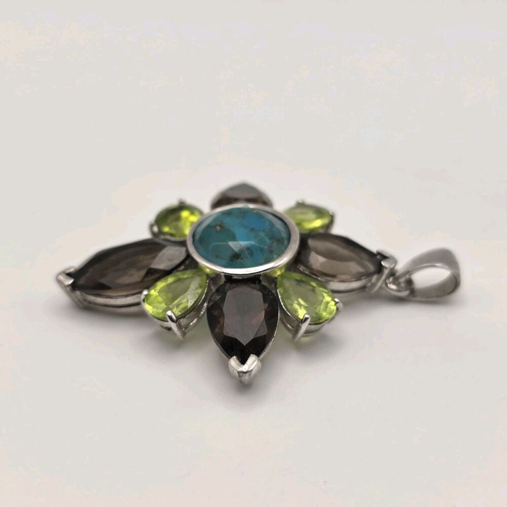 ATI Thailand Sterling Silver Turquoise Peridot Quartz Flower Pendant - Picture 6 of 11